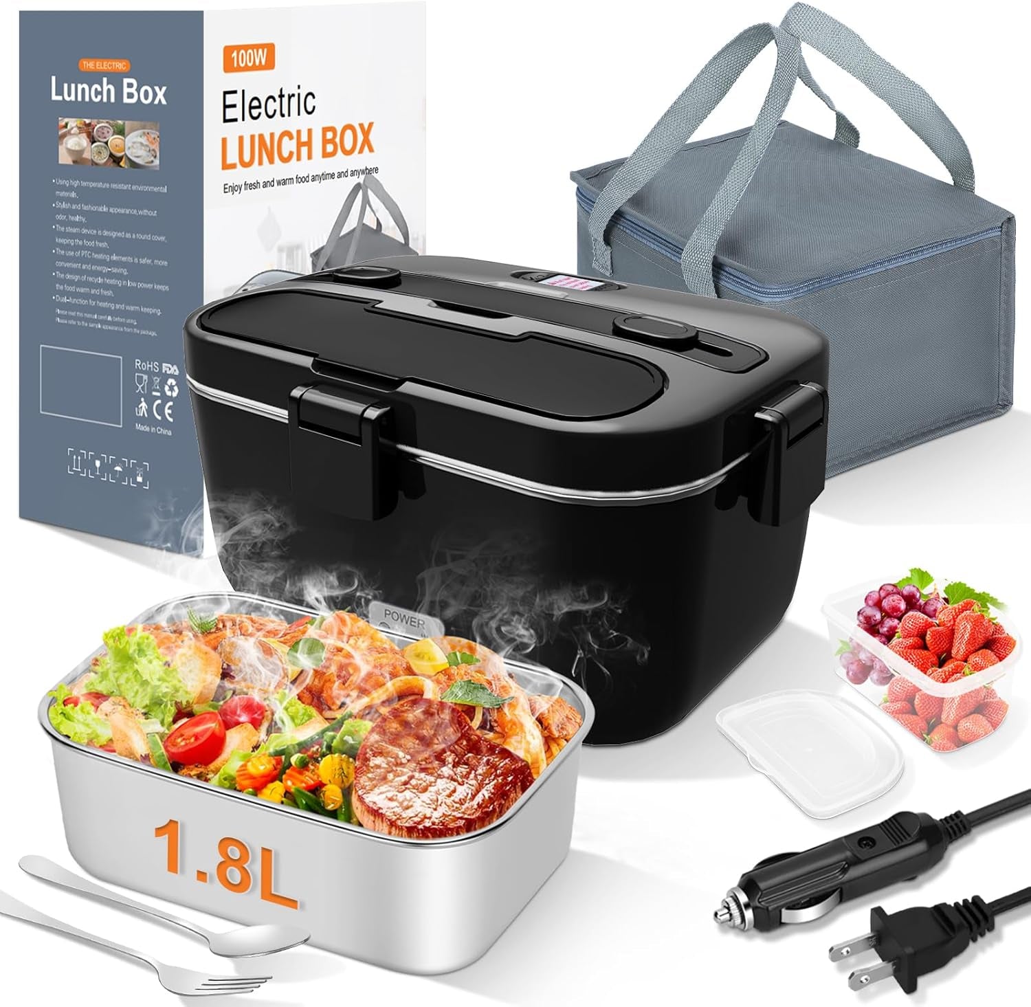 Electric Lunch Box Food Warmer: 100W Heated Lunch Box for Adults, 1.8L Portable Fast Heating Lunchbox Food Heater for Car, Truck, Work, Travel, Lonchera Elctrica Porttil 12/24V/110-230V