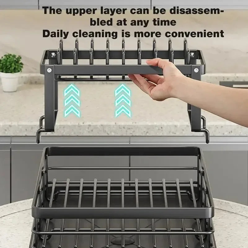 Adjustable Dish Drying Rack & Drainboard Organizer for Kitchen Plates, over Sink Countertop, Cutlery Storage with Drain Rac